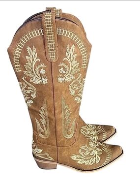 Womens Western Boots 8.5 Tan High Embroidered Rhinestones Cowgirl Rodeo Festival